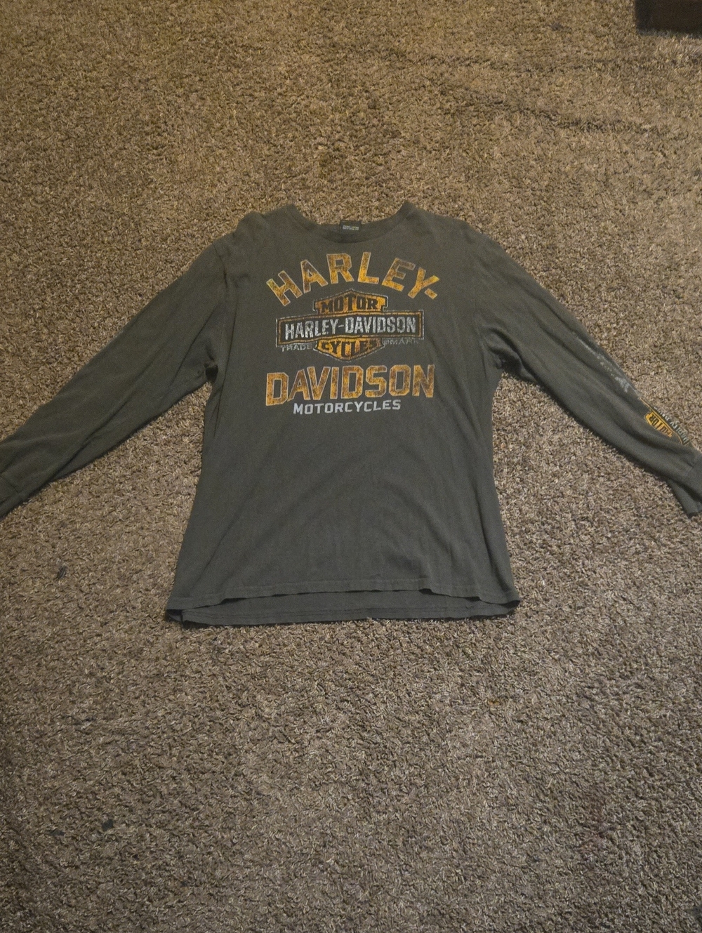 Harley-Davidson Olive Green Long Sleeve Graphic Tee with Yellow Logo